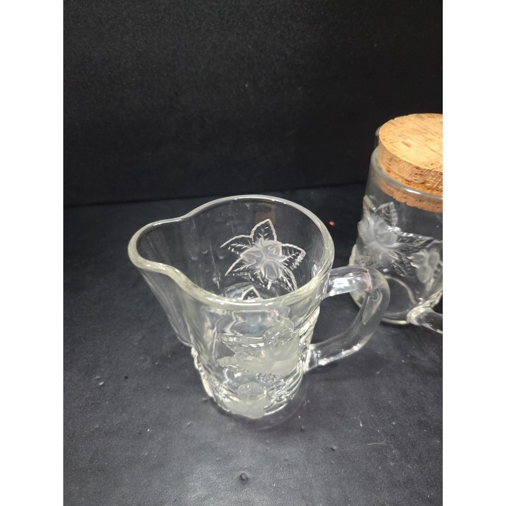Embossed Floral Glass Pitcher‎ Set, Snub Nose Spout, Cork Top, Vintage Glassware - Picture 5 of 9